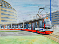 Aquarell Straßenbahn Skoda 15T