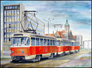 Aquarell Straßenbahn Tatra T3D