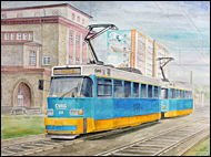Aquarell Straßenbahn Tatra T3D-M